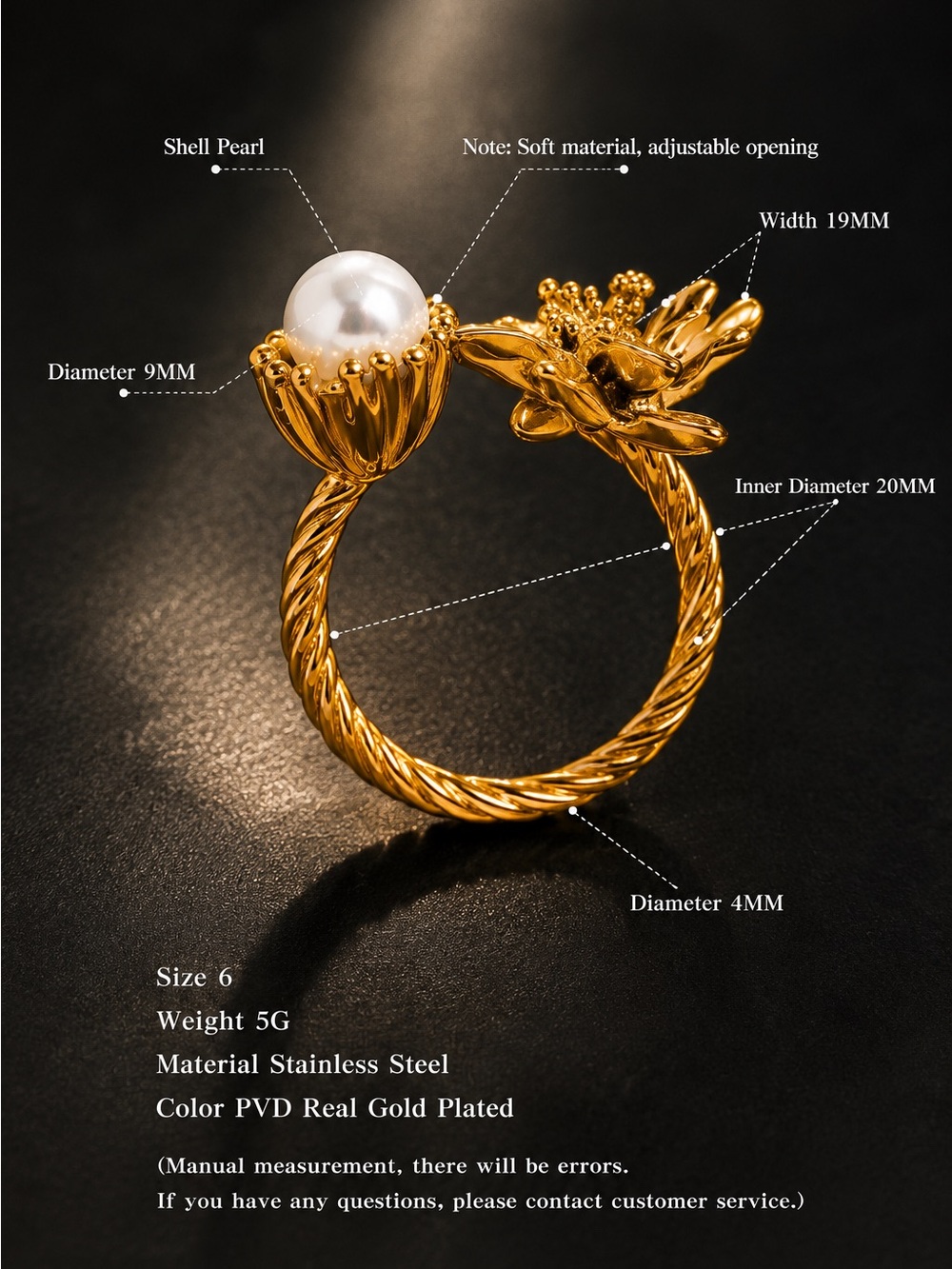 Gold plated Floral Pearl Open Ring - Picture 2 of 7